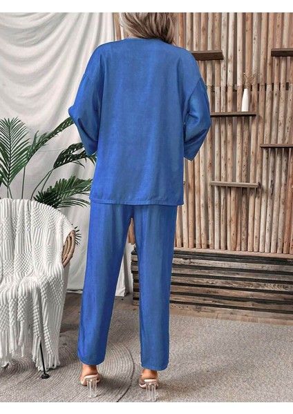 Kadın Uzun Kollu Önü Açık Dokuma Ceket ve Pantolon Ikili Takım modelleri