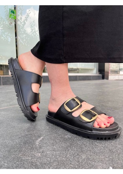 Çift Şeritli Toka Detaylı Düz Tabanlı Vegan 4 cm Topuklu Siyah Günlük Kadın Terlik fiyatları