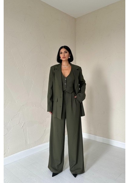 Haki Klas Ceket ve Yelek ve Pantolon Takım