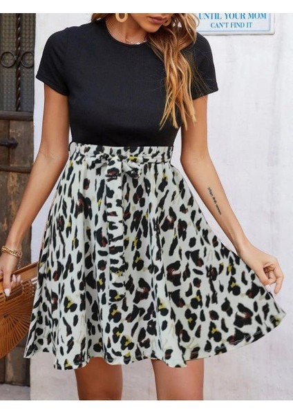 Kadın Üst Kısa Kollu Viskon, Alt Leopar Desen Kuşaklı Krep Etek Takım modelleri