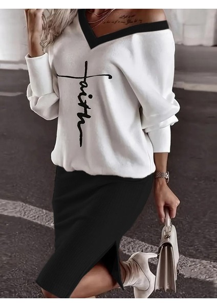 Kadın Uzun Kollu V Yakalı Iki Iplik Bluz ve Şardonlu Kaşkorse Etek Ikili Takım