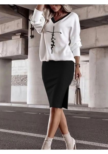 Kadın Uzun Kollu V Yakalı Iki Iplik Bluz ve Şardonlu Kaşkorse Etek Ikili Takım modelleri