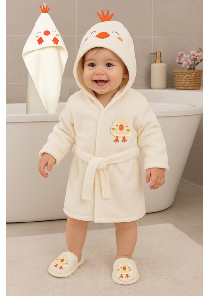 Kız Erkek Bebek Civciv Işemeli Lüks Bornoz Takımı Havlu Seti % 100 Pamuk Kumaş 0- 2 Yaş STL7056