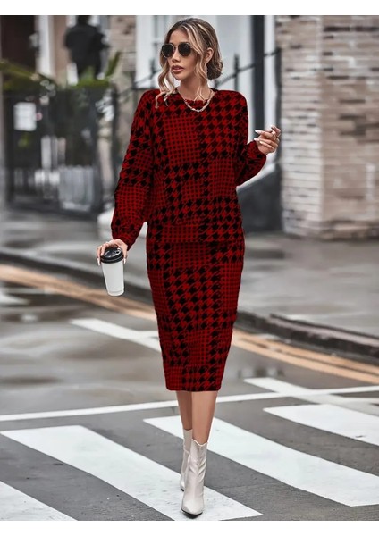 Kadın Uzun Kollu Bisiklet Yaka Şardonlu Dalgıç Bluz ve Yırtmaçlı Midi Etek Takım fiyatları