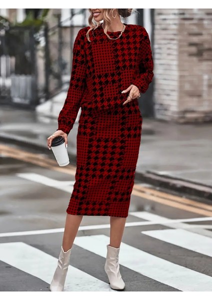 Kadın Uzun Kollu Bisiklet Yaka Şardonlu Dalgıç Bluz ve Yırtmaçlı Midi Etek Takım modelleri