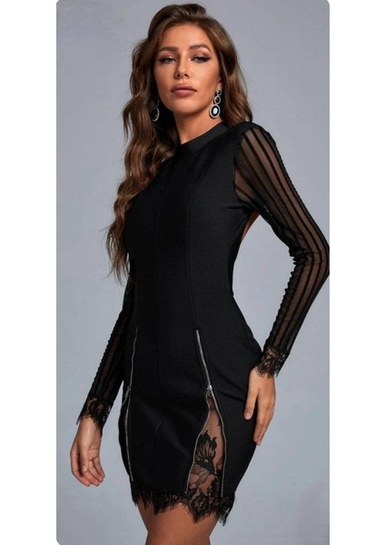 Kadın Kolları ve Etek Ucu Dantel Detay Fermuar Dekolteli Skuba Kumaş Mini Elbise fiyatları