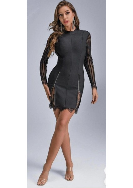 Kadın Kolları ve Etek Ucu Dantel Detay Fermuar Dekolteli Skuba Kumaş Mini Elbise modelleri