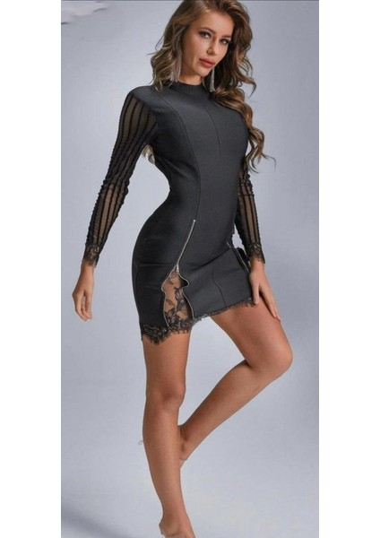 Kadın Kolları ve Etek Ucu Dantel Detay Fermuar Dekolteli Skuba Kumaş Mini Elbise fırsatları