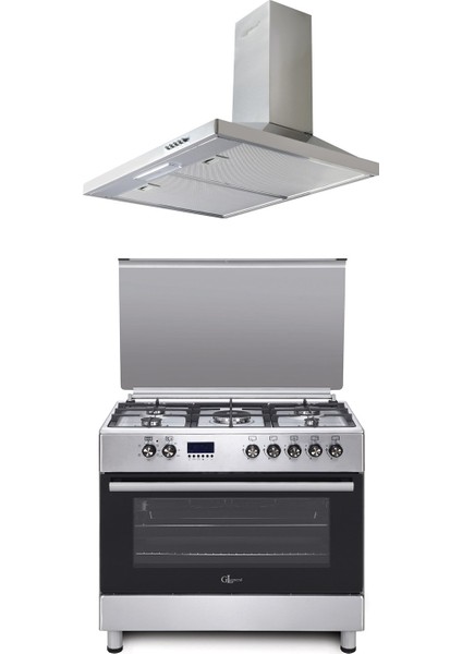 Desire Glf 9050XP Kuzine Inox Piliç Çevirmeli Fırın Set (GLF9050XP Desire 90 Kuzine Fırın-Gld 041X Davlumbaz)