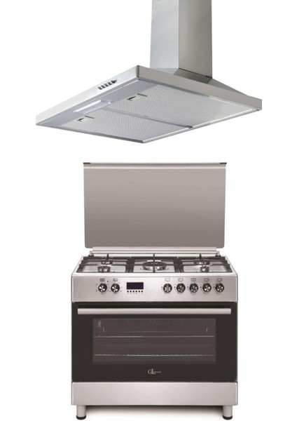 Desire Glf 9050XP Kuzine Inox Piliç Çevirmeli Fırın Set (GLF9050XP Desire 90 Kuzine Fırın-Gld 041X Davlumbaz)