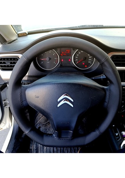 Dikişli Direksiyon Kılıfı Siyah / Noktalı Deri Siyah Dikişli Citroen Elysee ve Peugeot 301 Için