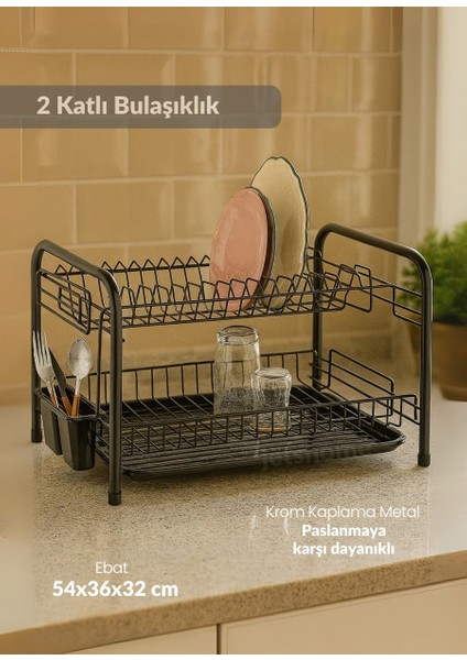 2 Katlı Bulaşıklık Tezgah Üstü Tabaklık Bpa Free Bulaşık Sepeti Yuvarlak ayak siyah