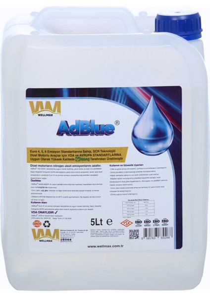 İGSAŞ AdBlue® Wellblue 5 Lt – VDA Onaylı, ISO 22241 Sertifikalı Çevre Dostu Üre Çözeltisi