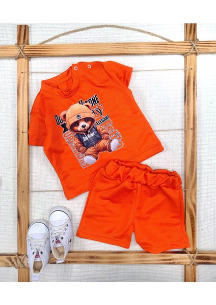 Miraylife 9-12-18-24 Ay Dansçı Ayıcık Baskılı Şortlu Kısa Kollu Tişört 2li Erkek Bebek Takımı