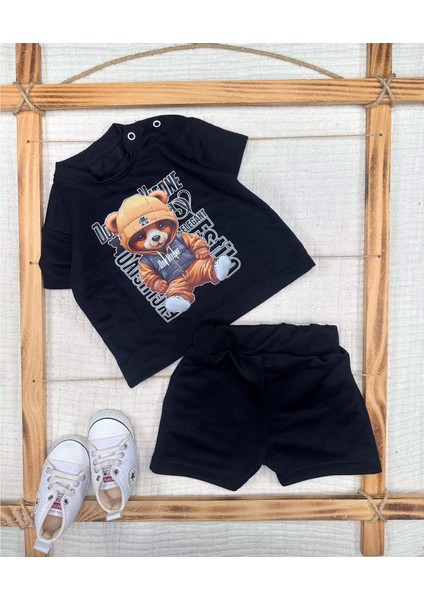 Miraylife 9-12-18-24 Ay Dansçı Ayıcık Baskılı Şortlu Kısa Kollu Tişört 2li Erkek Bebek Takımı
