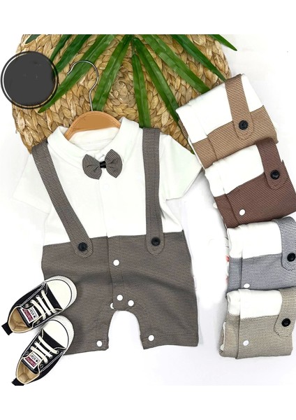 Miraylife 3-6-9-12 Ay Papyon Detaylı Çizgili Salopet Görünümlü Erkek Bebek Tulumu