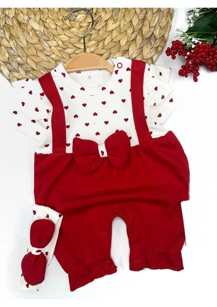Miraylife 3-6-9-12 Ay Bandanalı Piti Kalp Baskılı Salopet Görünümlü 2li Kız Bebek Takımı
