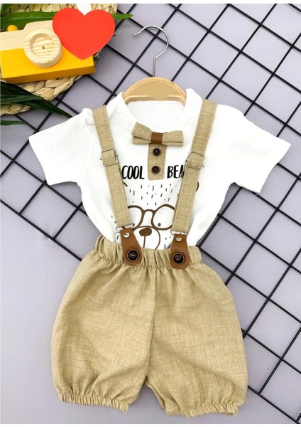 Miraylife 9-12-18-24 Ay Papyon Detaylı Keten Şort Salopet Tişörtlü 2li Erkek Bebek Takımı