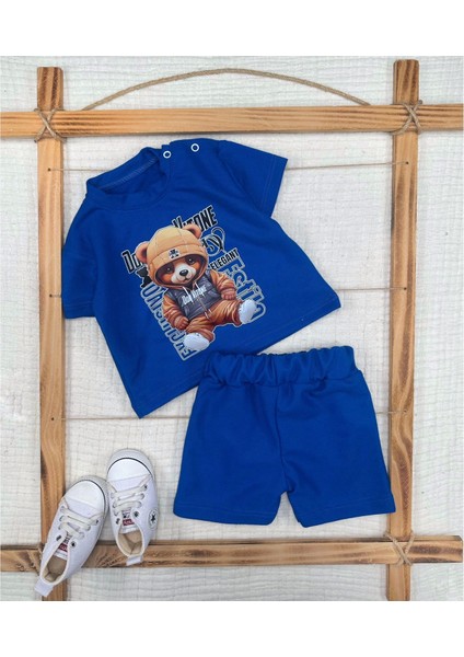 Miraylife 9-12-18-24 Ay Dansçı Ayıcık Baskılı Şortlu Kısa Kollu Tişört 2li Erkek Bebek Takımı