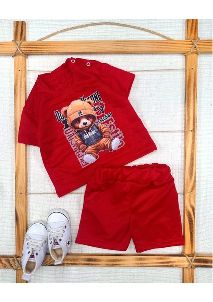 Miraylife 9-12-18-24 Ay Dansçı Ayıcık Baskılı Şortlu Kısa Kollu Tişört 2li Erkek Bebek Takımı
