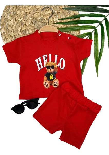 Miraylife 9-12-18-24 Ay Hello Gözlüklü Ayıcık Baskılı Şortlu Kısa Kollu Tişört 2li Erkek Bebek Takımı