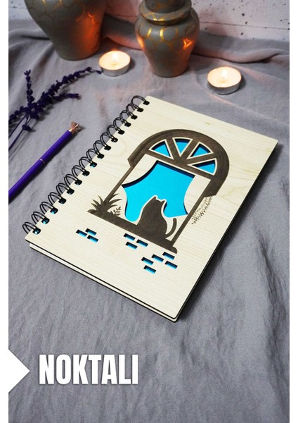 Kedi Desenli Ahşap Kapaklı Defter - Noktalı Defter - Ajanda - Okul Defteri (A5 - 120 Sayfa)
