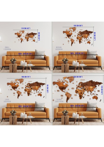 Ahşap Dünya Haritası Duvar Tablosu Ofis Dekor (Plus, Xlarge - 250X135 Cm, Ahşap) MF512