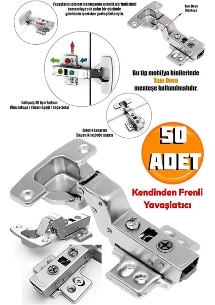 50 Adet Frenli Dolap Kapak Menteşesi Pistonlu Tam Deve Boynu Tas Menteşe