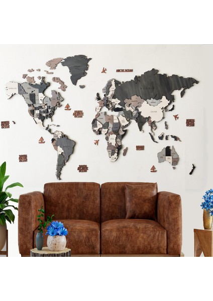 Ahşap Dünya Haritası Duvar Tablosu Dekor (Plus, Medium - 150X80 Cm, Ahşap) MF511