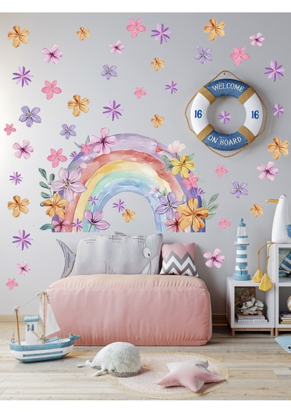 , Suluboya Çiçek Desenli Gökkuşağı ve Çiçekler, Bebek Çocuk Odası, Dolap, Duvar Sticker 50 x 100 cm