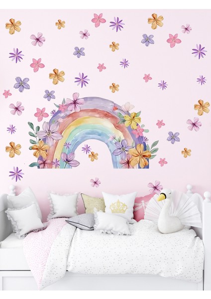 , Suluboya Çiçek Desenli Gökkuşağı ve Çiçekler, Bebek Çocuk Odası, Dolap, Duvar Sticker 50 x 100 cm fiyatları