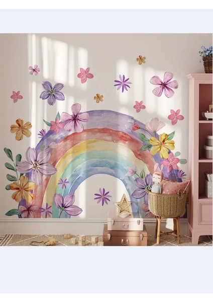 , Suluboya Çiçek Desenli Gökkuşağı ve Çiçekler, Bebek Çocuk Odası, Dolap, Duvar Sticker 50 x 100 cm modelleri