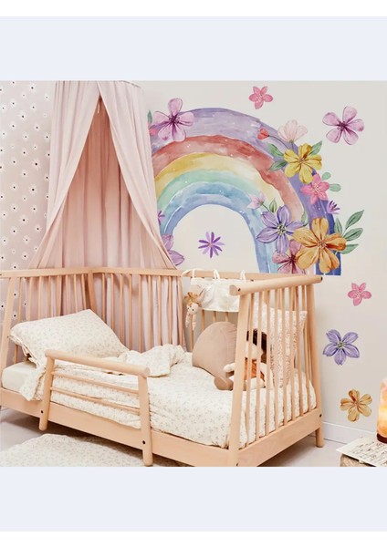 , Suluboya Çiçek Desenli Gökkuşağı ve Çiçekler, Bebek Çocuk Odası, Dolap, Duvar Sticker 50 x 100 cm fırsatları