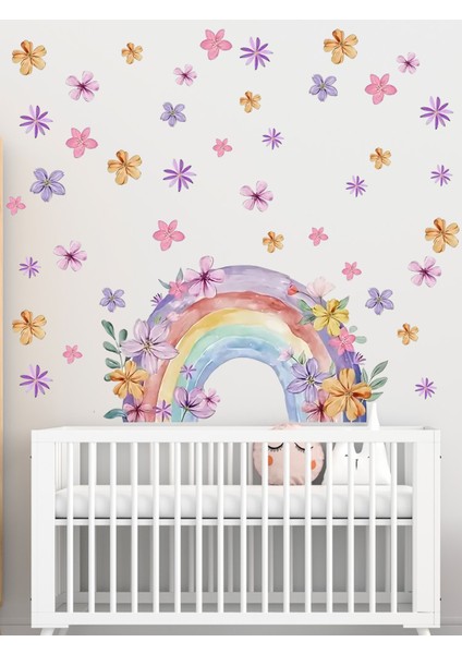 , Suluboya Çiçek Desenli Gökkuşağı ve Çiçekler, Bebek Çocuk Odası, Dolap, Duvar Sticker 50 x 100 cm indirimleri
