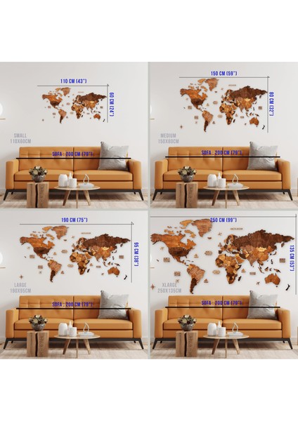 Ahşap Dünya Haritası Duvar Tablosu Dekor (Plus, Large - 190X95 Cm, Ahşap) MF511