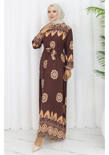 Desenli Kuşaklı Elbise 2104-04 Kahverengi fiyatları
