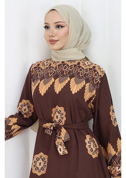 Desenli Kuşaklı Elbise 2104-04 Kahverengi modelleri