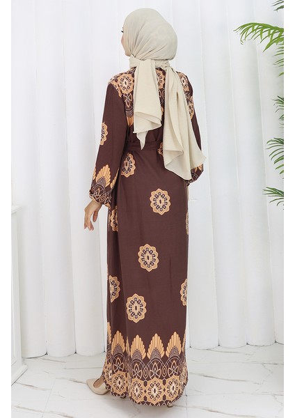 Desenli Kuşaklı Elbise 2104-04 Kahverengi indirimleri