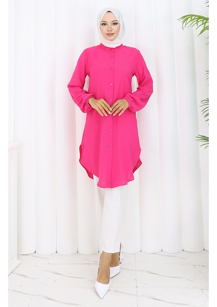 Boydan Düğmeli Tunik 3118-03 Fuşya