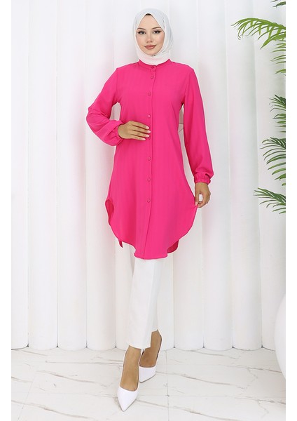 Boydan Düğmeli Tunik 3118-03 Fuşya modelleri