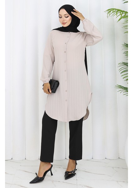 Boydan Düğmeli Tunik 3118-01 Bej modelleri