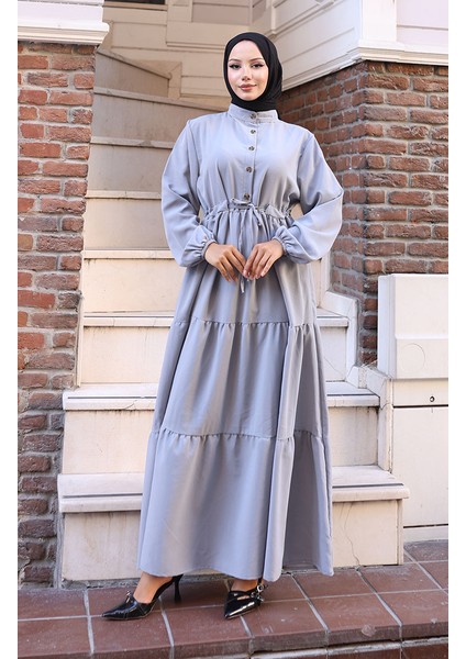 Beli Bağcıklı Elbise 2101-04 Gri modelleri