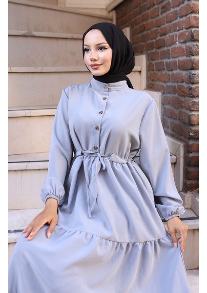 Beli Bağcıklı Elbise 2101-04 Gri fırsatları