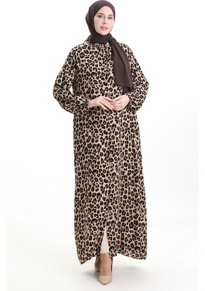 Leopar Desenli Düğmeli Elbise 0122-01 Siyah Bej