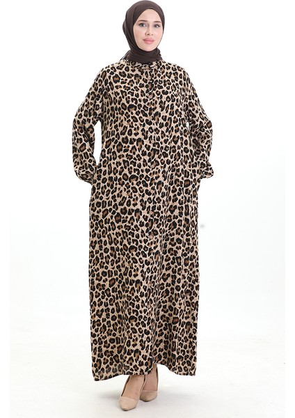 Leopar Desenli Düğmeli Elbise 0122-01 Siyah Bej modelleri