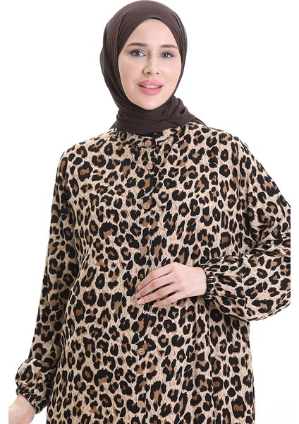 Leopar Desenli Düğmeli Elbise 0122-01 Siyah Bej fırsatları