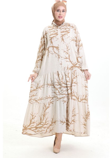 Yarım Düğmeli Desenli Elbise 2110-02 Vizon