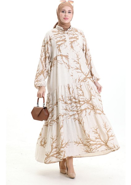 Yarım Düğmeli Desenli Elbise 2110-02 Vizon fiyatları