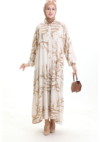 Yarım Düğmeli Desenli Elbise 2110-02 Vizon modelleri