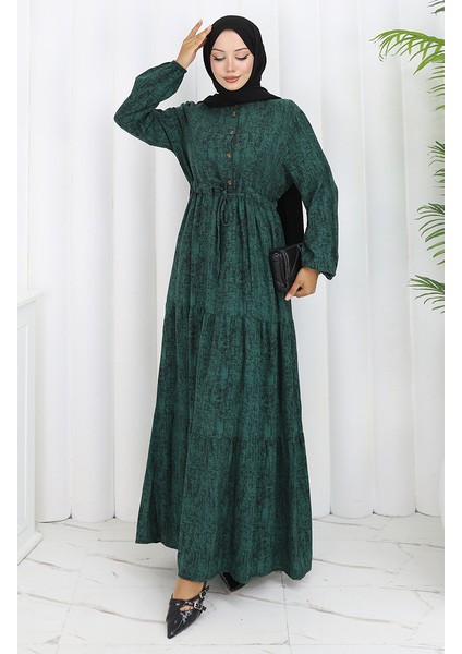 Beli Bağcıklı Desenli Elbise 2107-03 Yeşil